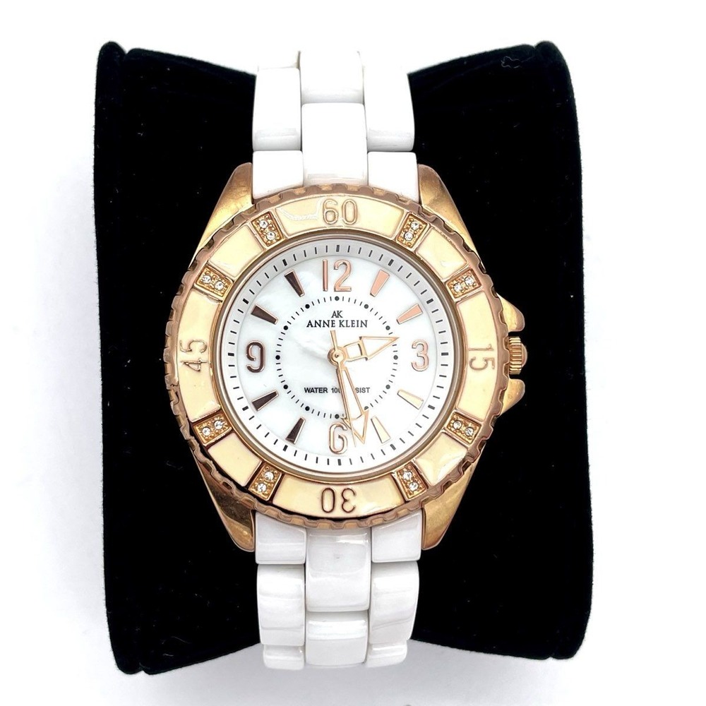 Anne Klein Women Gold Tone Crystal Accented Bezel White Ceramic Watch (Working)